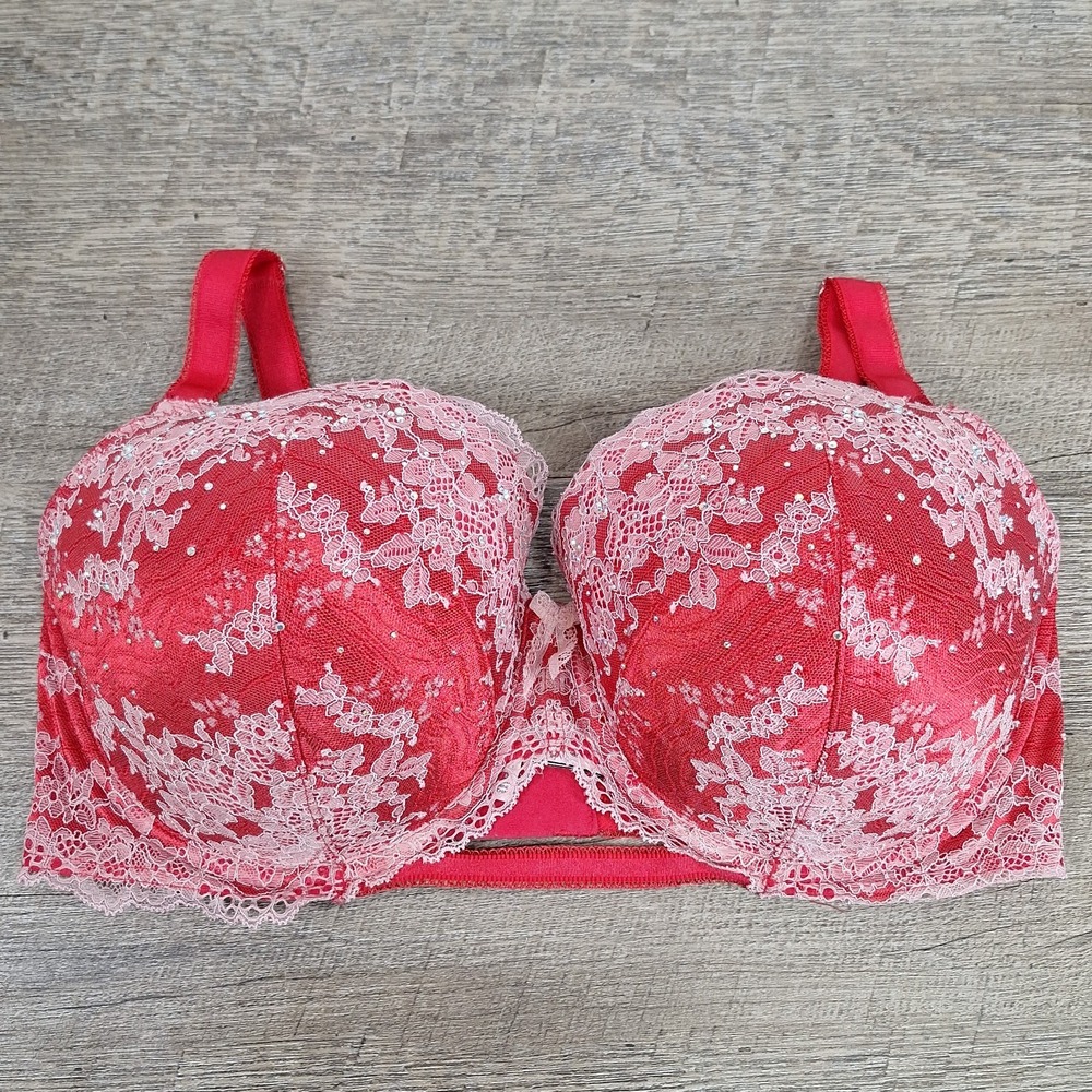 Victoria's Secret Bra 38DDD Red Lace Rhinestone Lightly Lined Demi Underwire
